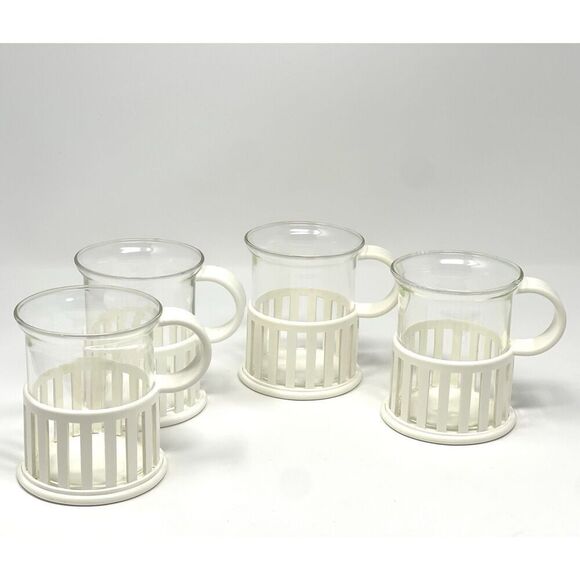 Vintage Bodum White Loggia Coffee Tea 8 oz Glass Mugs Cups Set Of 4 - Picture 1 of 5